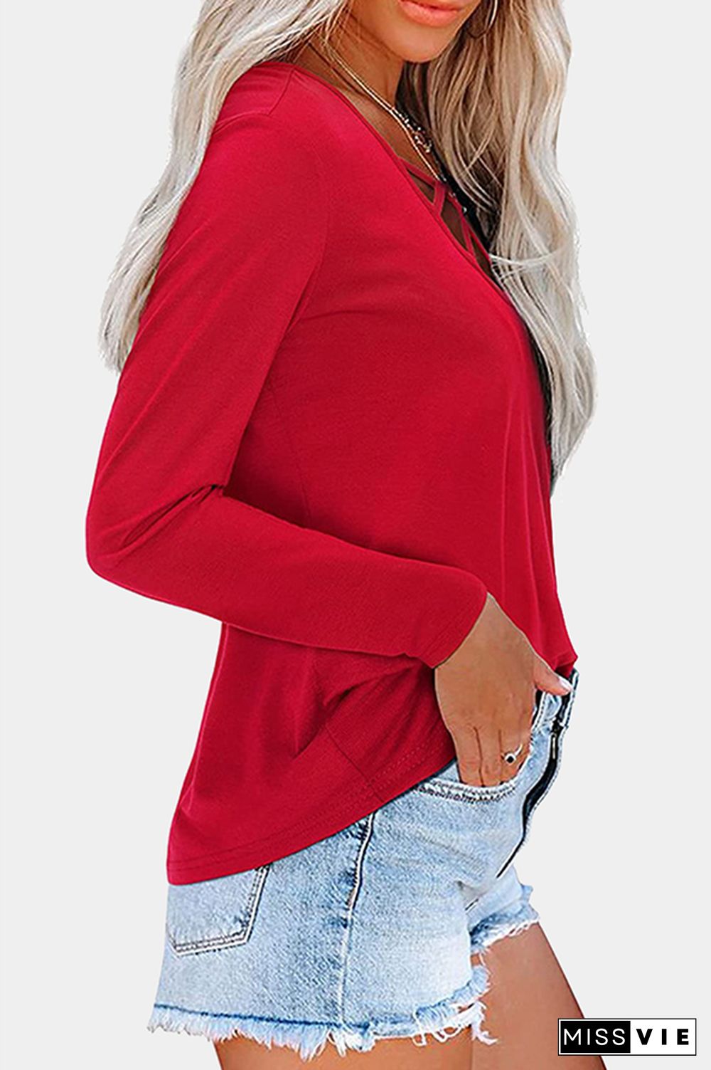 Casual Solid Hollowed Out Split Joint V Neck Tops