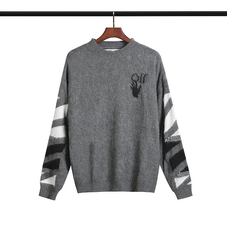Off White Sweater Mohair Dark Gray Handshake Pattern Knitted Sweater