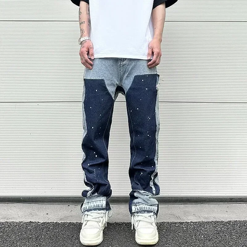 Hedirax fall outfits y2k European and American high street men's washed jeans retro personalized straight-leg splicing flared pants trendy denim trousers