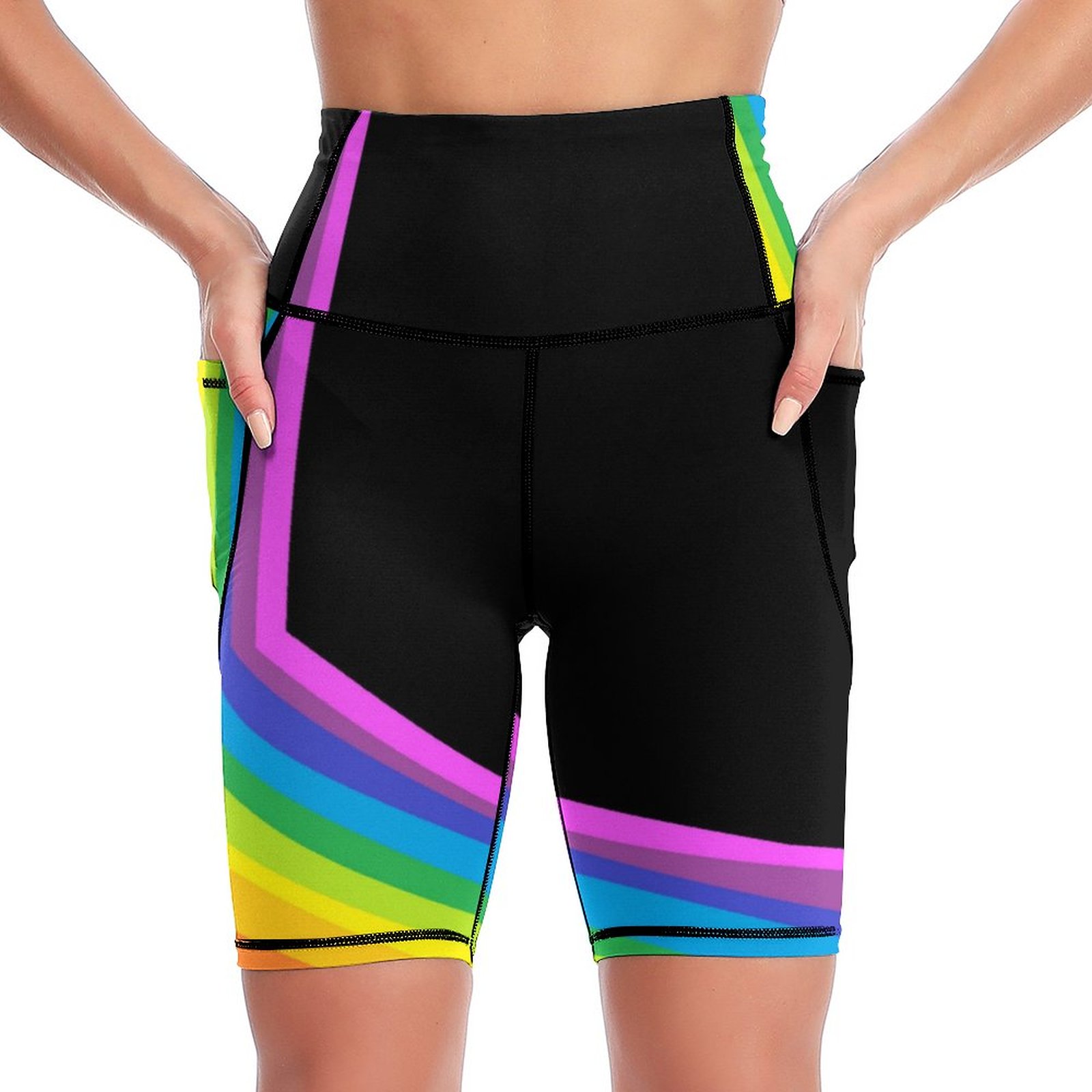 Rainbow Black And Rainbow Stretch  Women's Short Yoga Side Phone Pockets High Waist Workout Running Shorts