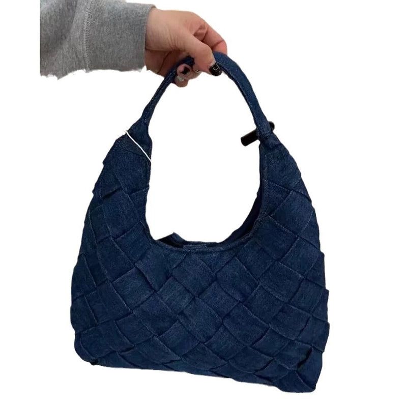 Women's Denim Solid Color Vintage Style Weave Dumpling Shape Zipper Shoulder Bag4