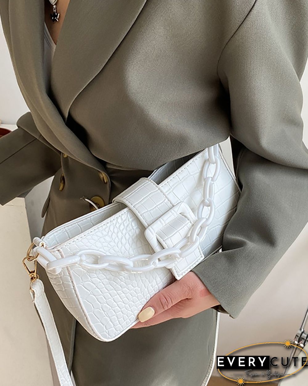 Chain Strap Croc Embossed Baguette Bag