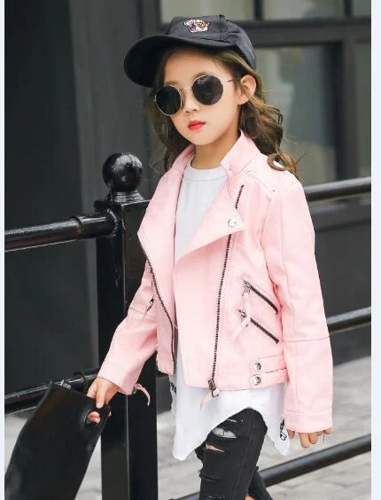 2018 autumn baby pu jacket girls rivet zipper cool jacket Leather clothing 5-11 years old Korean leather jacket all