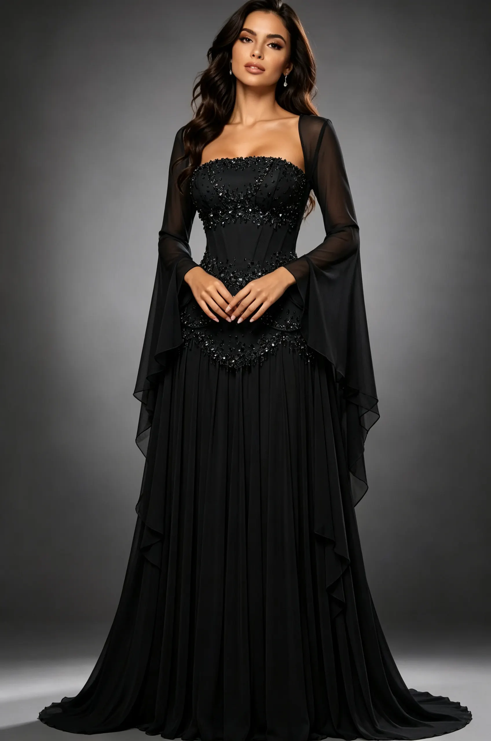 Daisda Chiffon Long Ruffles Sleeves Ruffles Prom Dress With Pleated And Beadings
