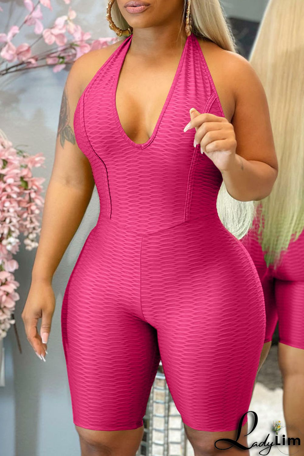 Tibetan Blue Sexy Solid Split Joint Backless Halter Regular Jumpsuits