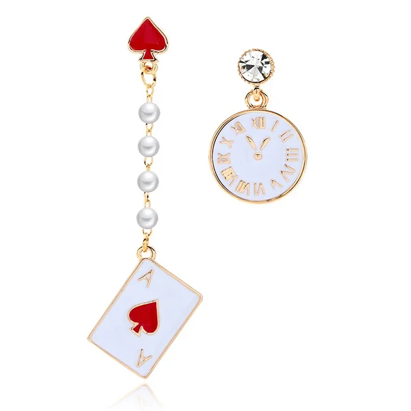 RAVINOUR Rock Dangle Earrings for Women Poker Card Alarm Clock Asymmetrical Statement Earring Long Created Pearl Fashion Jewelry
