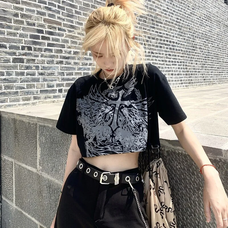 Gothic Style Crop Top Harajuku Graphic T Shirt For Women Ulzzang Tshirt Summer Tee Short Clothes Short Sleeve Album Y2k