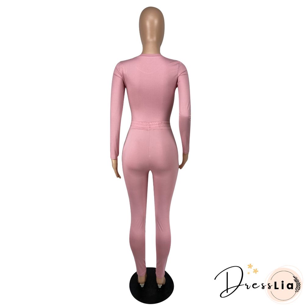 Solid Long Sleeve T Shirt Lace Up Pants Set