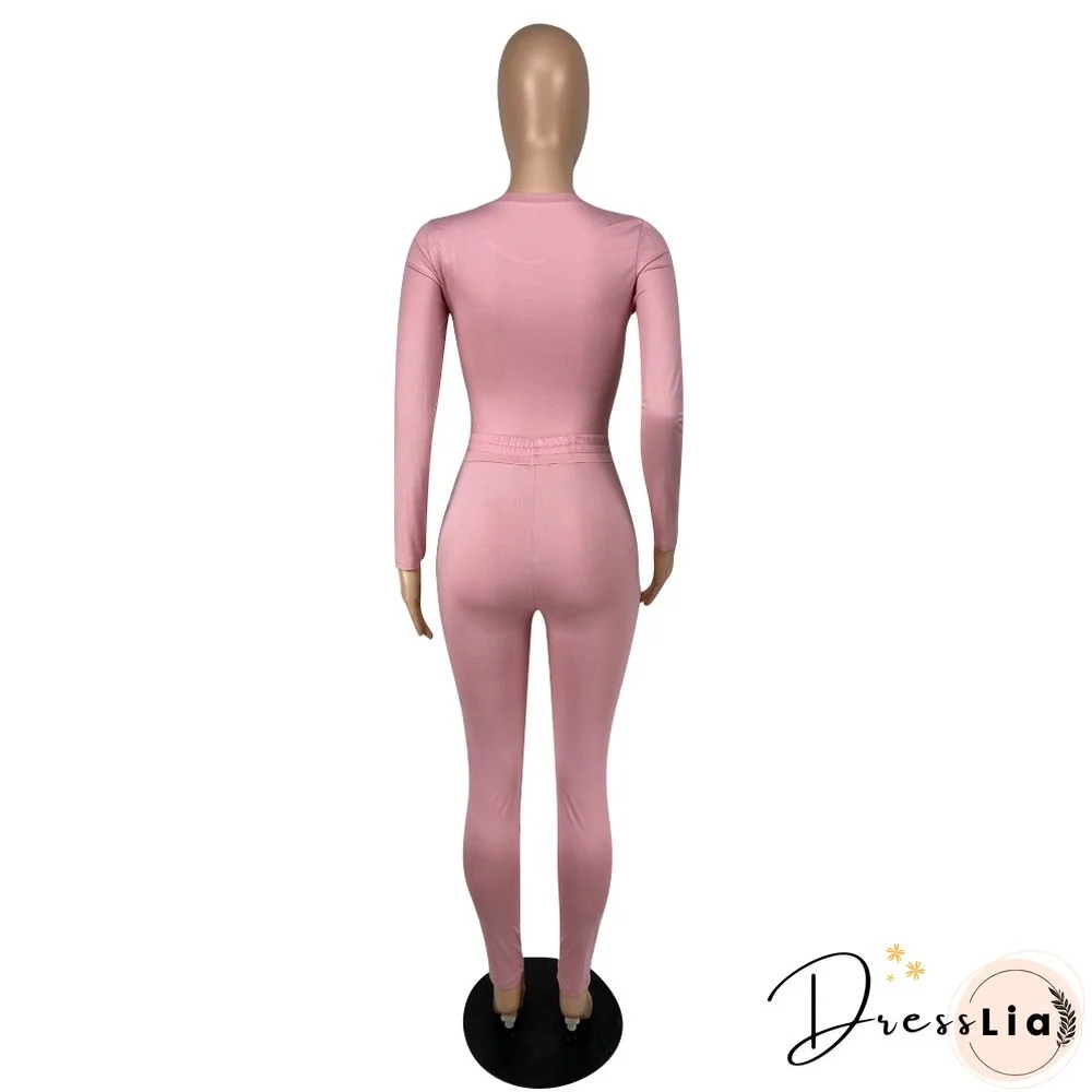 Solid Long Sleeve T Shirt Lace Up Pants Set