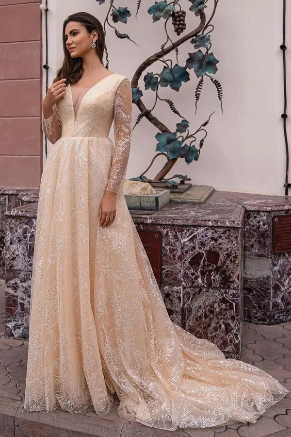 Daisda Glitter Long A-line V-neck Wedding Dress With Sleeves
