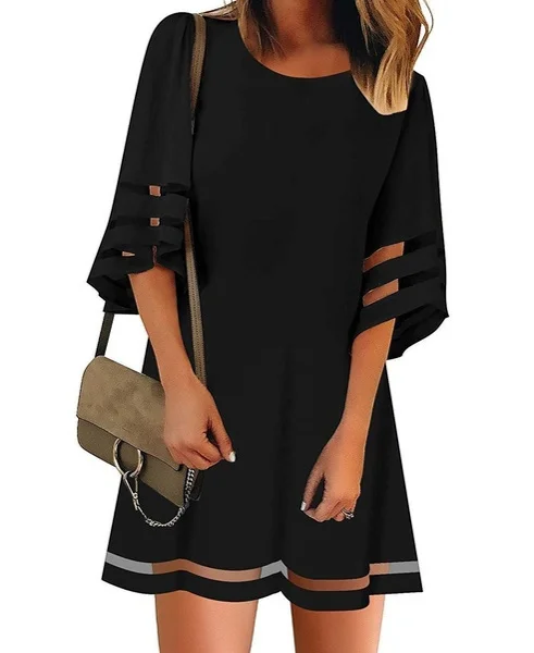 NEW summer Womens Short Sleeves Round Neck Flared Sleeves Casual Dresses Solid Color Patchwork Hollow-out Loose Mini Dresses Short Dresses Plus Size