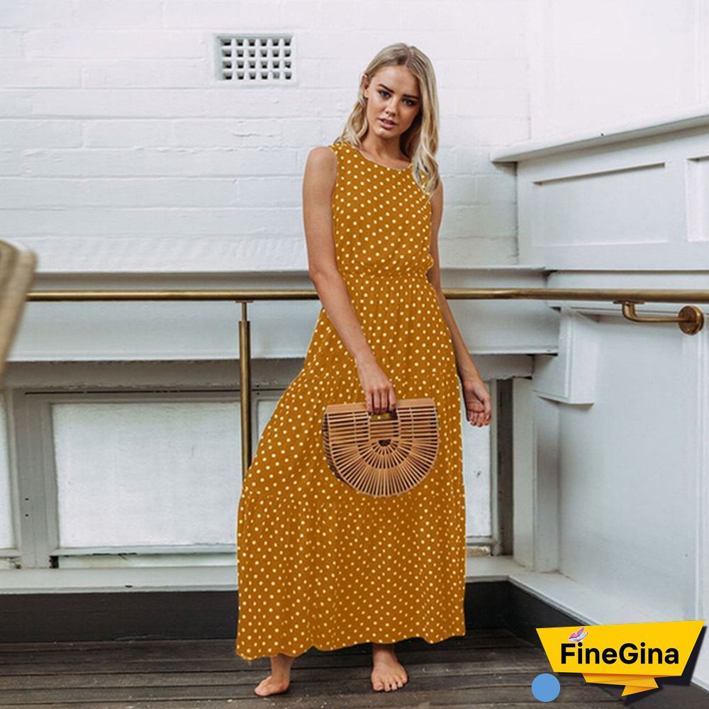 Women Loose Sleeveless Holiday Dot Print Long Maxi Dress Evening Party Beach Dresses Summer Sundress