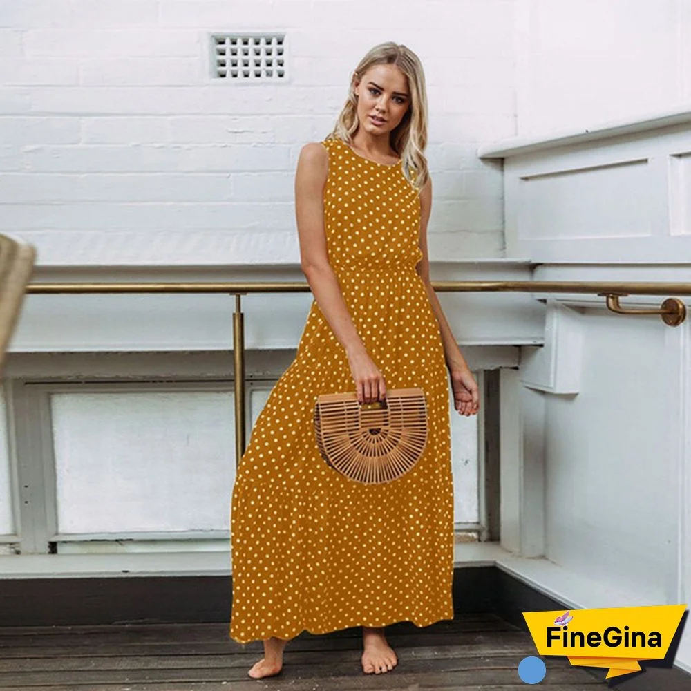 Women Loose Sleeveless Holiday Dot Print Long Maxi Dress Evening Party Beach Dresses Summer Sundress