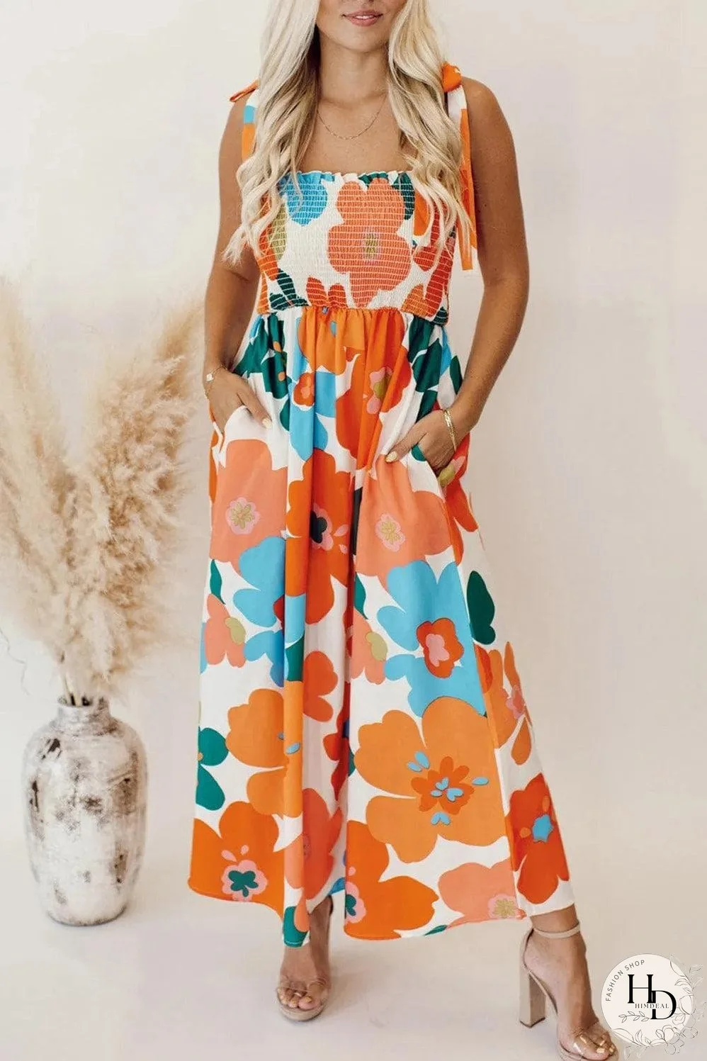 Orange Floral Self Tied Straps Smocked Bust Maxi Dress