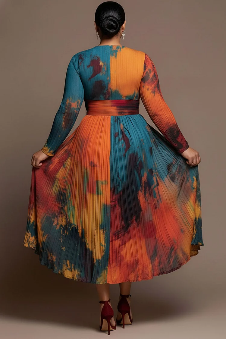 Xpluswear Design Plus Size Business Casual Multicolor All Over Print Wrap Neck Long Sleeve Crossover Hem Elegant Chiffon Midi Dresses [Pre-Order]