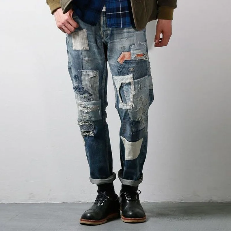 Vintage Distressed Paneled Washed Denim Straight-leg Jeans
