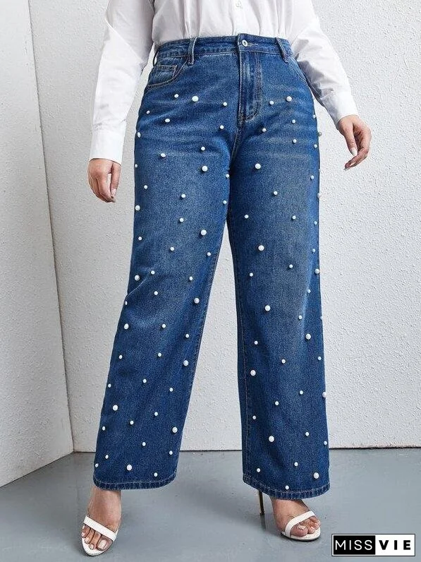 Plus Pearls Beaded Slant Pocket Straight Jeans for Women