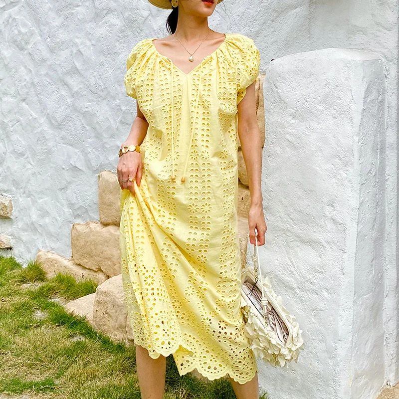 Uveng Uveng New Holiday Dress Women's Short-Sleeved Seaside Beach Dress European Women's Loose Mid-Long Dress Summer