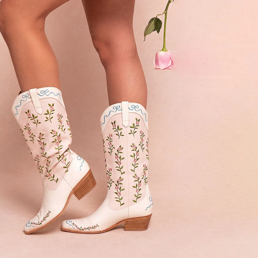 Light Pink & Ivory Flower Embroidered Stacked Heel Cowgirl Boots