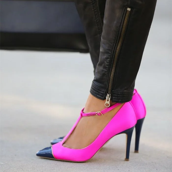 Fuchsia & Navy T-Strap Heels Pointed Toe Party Pumps for Women