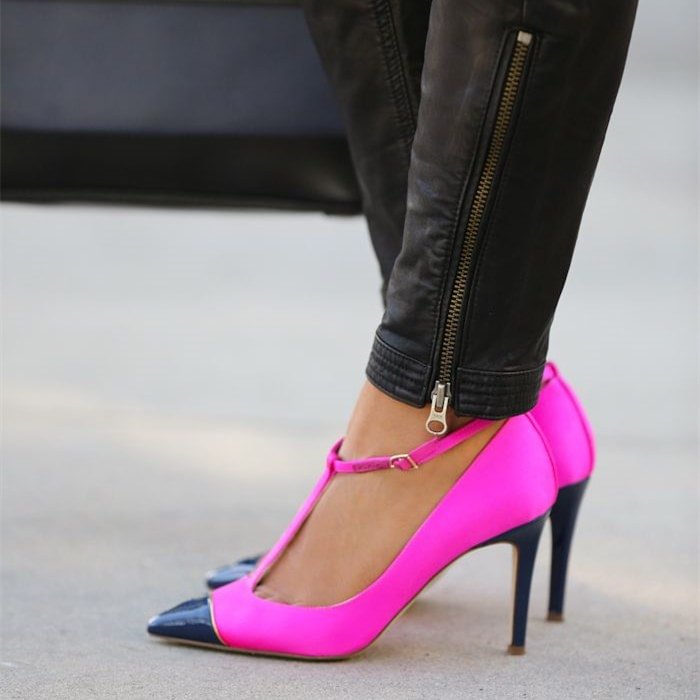 Hot Pink and Navy T Strap Heels Pumps |FSJ Shoes