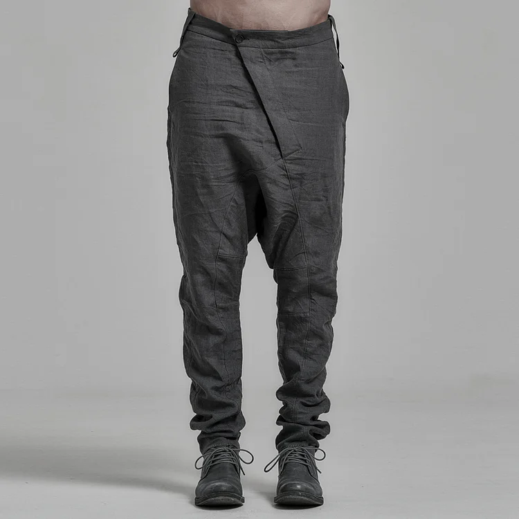 Men's Stylish Smoke Gray Linen Low Crotch Pants