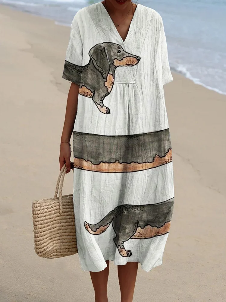 Long Dachshund Decorative Pattern Flowy Dress