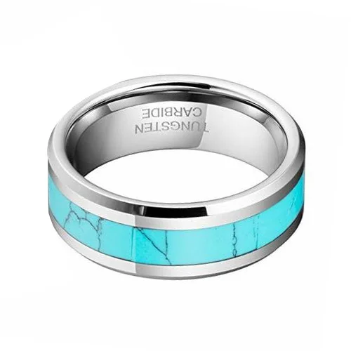 6MM 8MM Men's or Women's Blue Turquoise Inlay Silver Tone Tungsten Carbide Wedding Matching Rings
