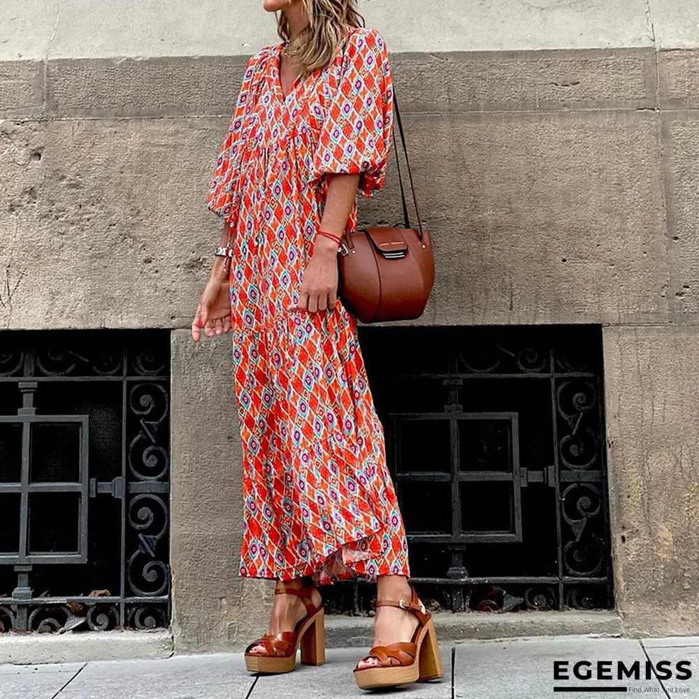 Short Sleeved Medium Length Bohemian Print Dress | EGEMISS