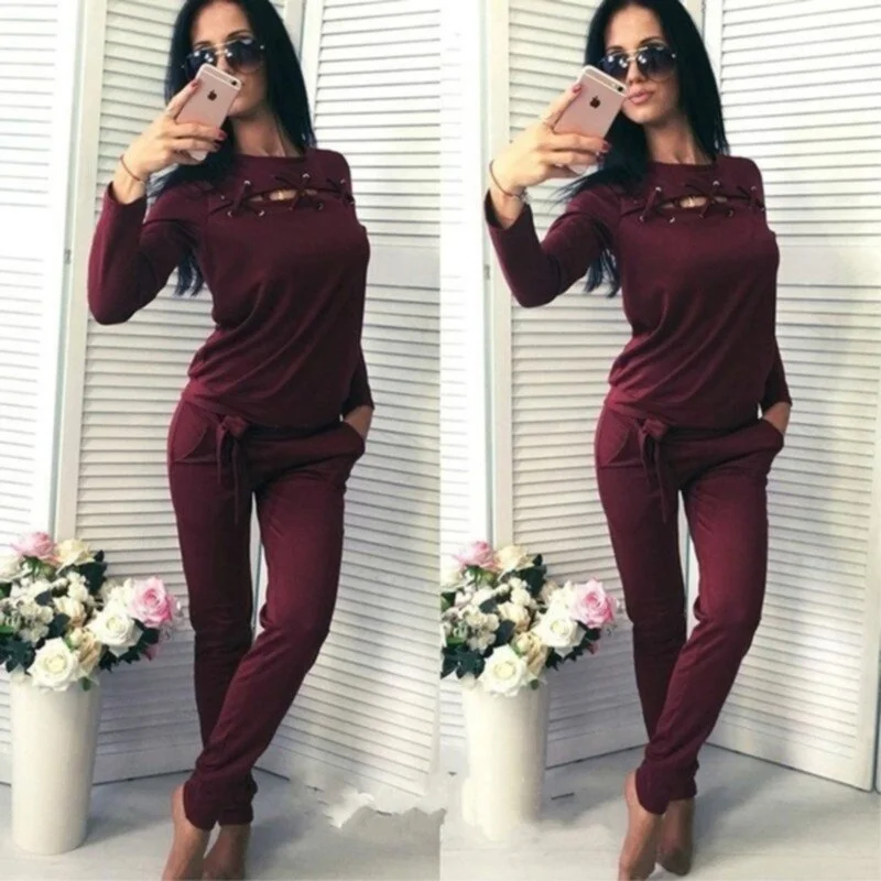 Women Spring Autumn Casual Solid Fitness Set Long Sleeve Hoody Long Pants Women Tracksuit Sportswear