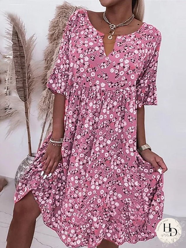 Casual Dress Floral Dress Summer Dress Floral Ditsy Floral Print Split Neck Midi Dress Active Fashion Daily Holiday Half Sleeve Loose Fit Pink Blue Gray Summer Spring S M L XL XXL for Women