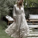 Women's Vintage Rose Floral Embroidery Art Casual Maxi Dress - Image 2