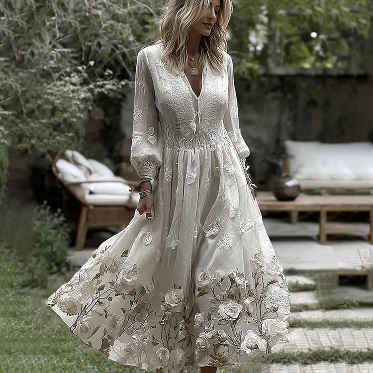 Women's Vintage Rose Floral Embroidery Art Casual Maxi Dress