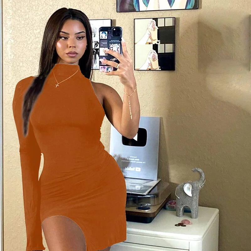 Dulzura solid women mini dress one shoulder long sleeve turtleneck bodycon slit sexy streetwear party elegant 2020 autumn winter
