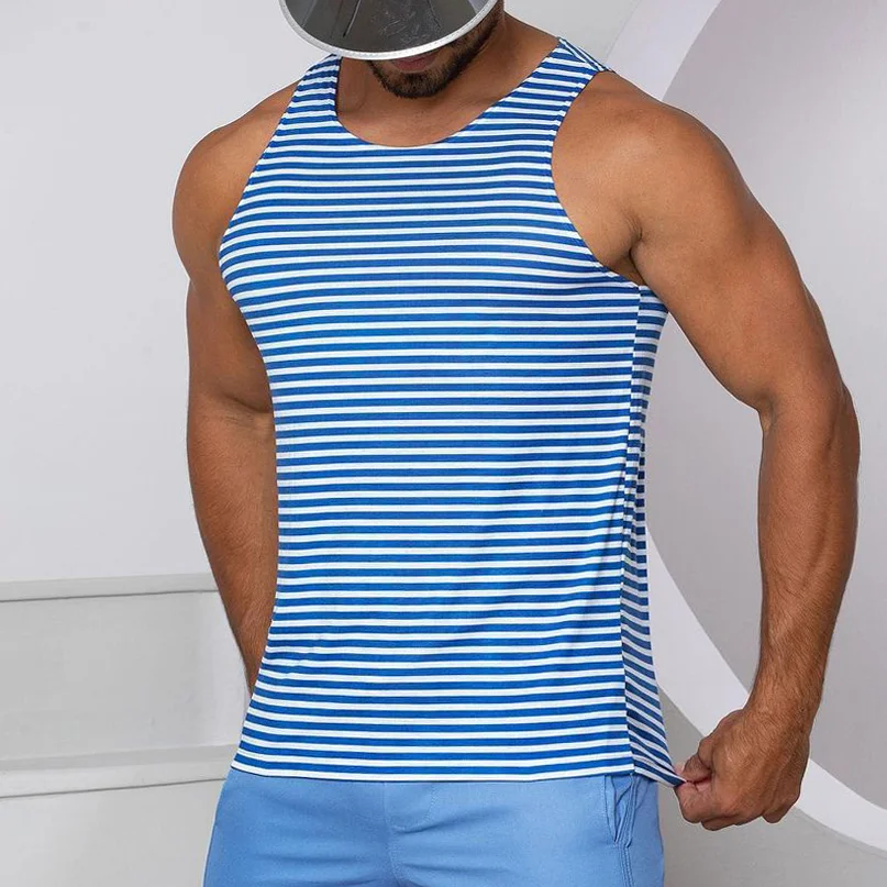 Summer Men's Navy Stripes Print Tank Top Beach Casual Breathable Sleeveless Vest T-Shirt、、URBENIE