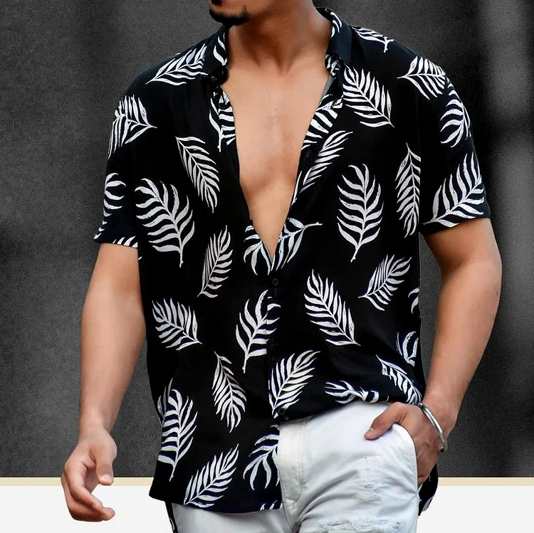 Men'S Simple Leaf Print Short Sleeves Shirt