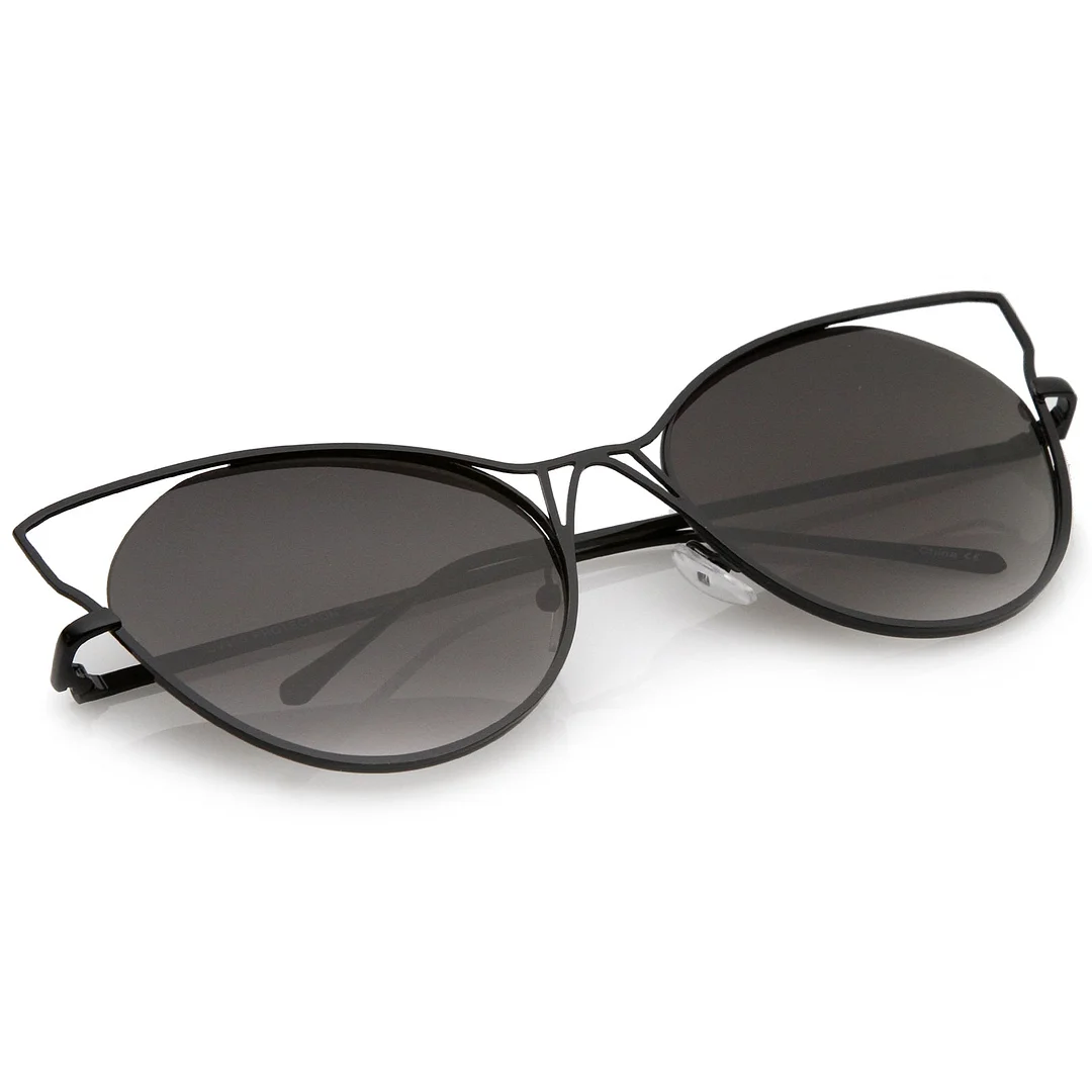 Women's Open Metal Slim Temple Neutral Colored Flat Lens Oversize Cat Eye glasses 60mm