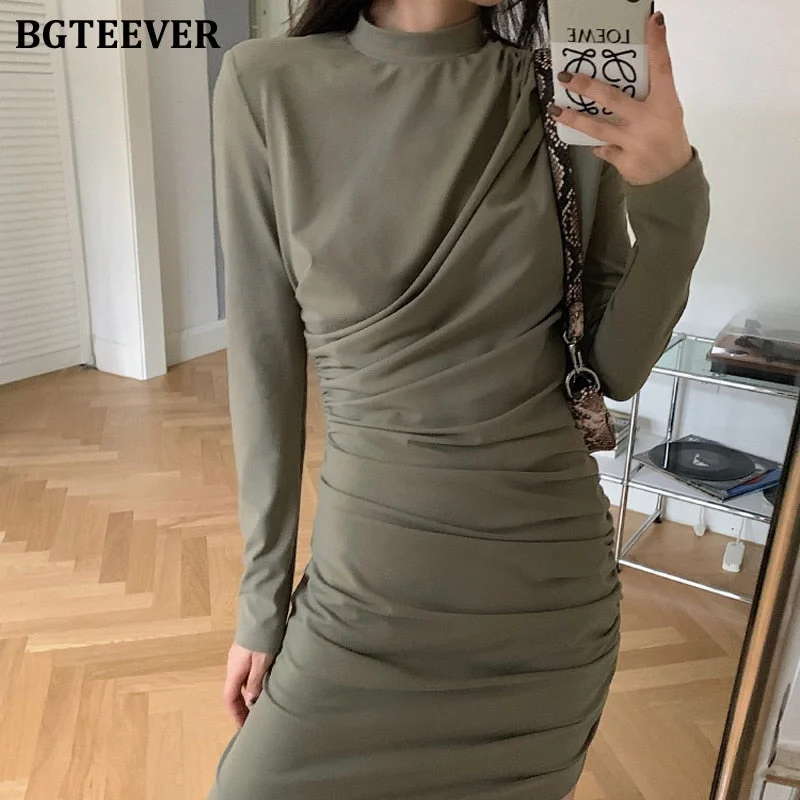 BGTEEVER Elegant Stand Collar Women Pencil Dress OL Style Full Sleeve Slim Waist Female Package Hip Mini Dress Summer Vestidos