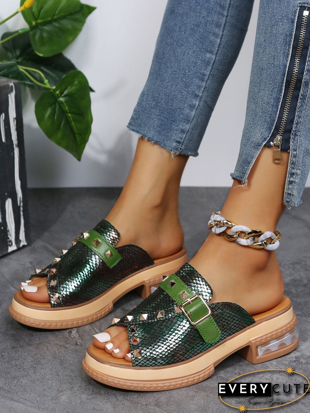 Urban Studded Snake Print Chunky Heel Slippers