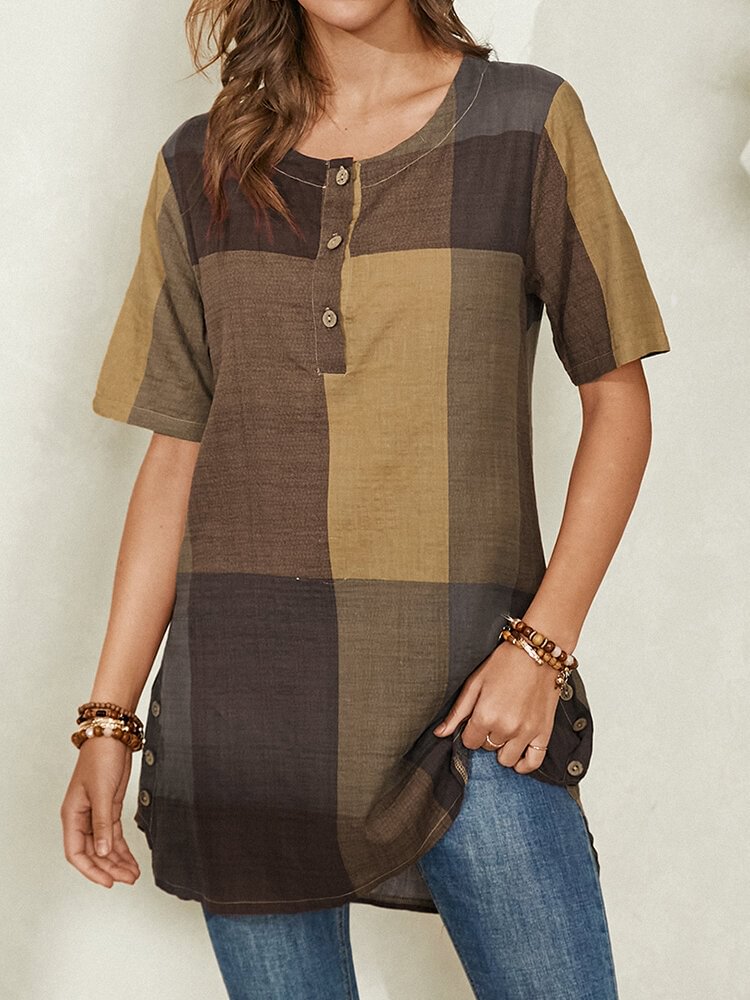 Plaid Print Button O neck Short Sleeve Casual Blouse for Women P1813096