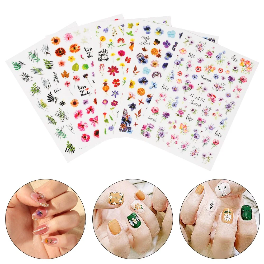 12 Sheets 3D Nail Stickers Colorful Floral Green Leaves Flower Design Spring Summer Decals Slider Colorful DIY Nail Art Decorate-Nail Inspo