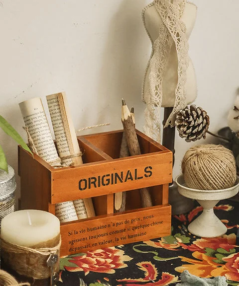 Vintage 2 Compartment Wood Storage Pen Holder