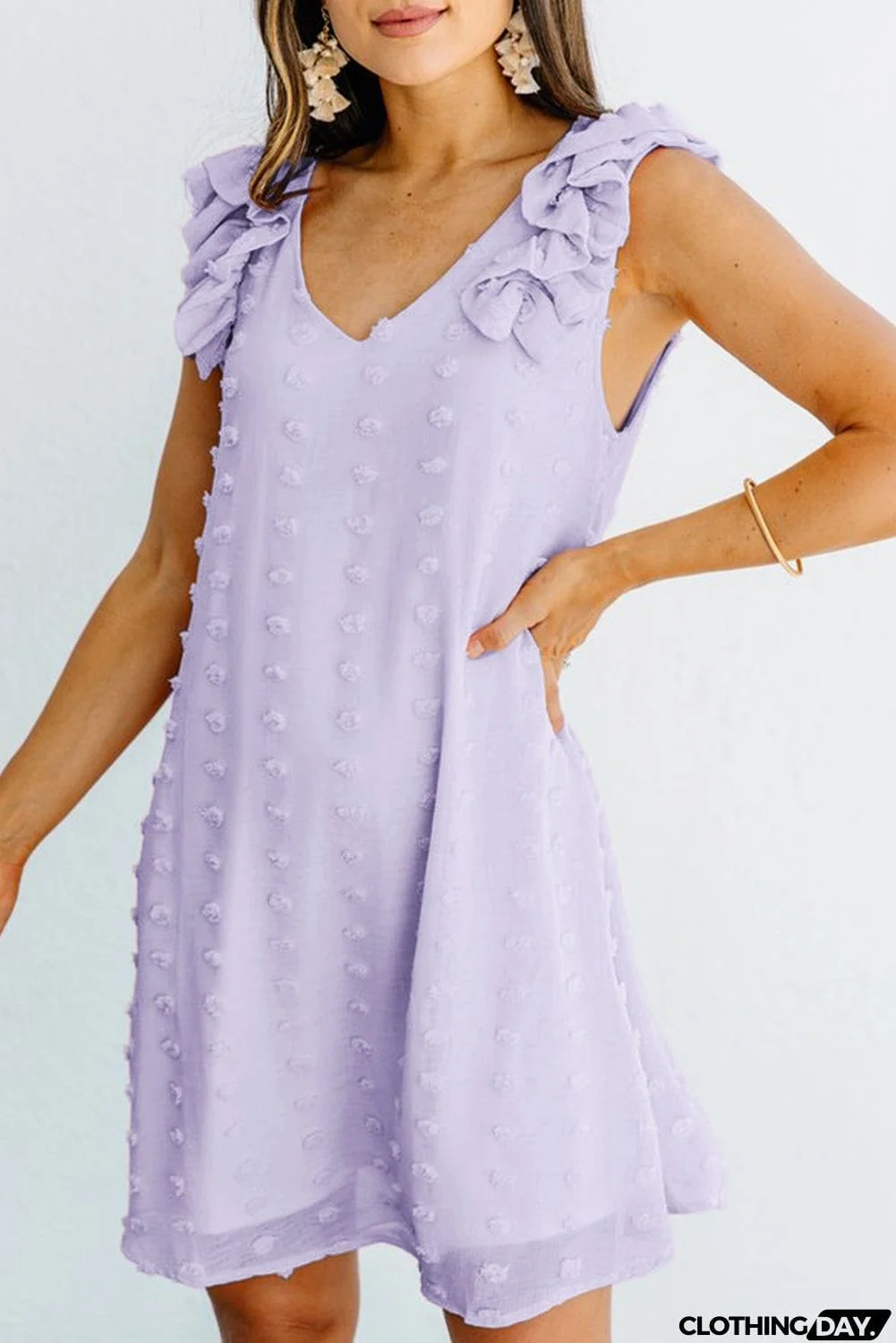 Swiss Dot V Neck Ruffled Sleeveless Mini Dress