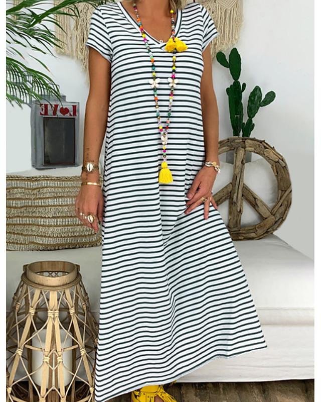 Women's A-Line Dress Maxi long Dress Short Sleeve Striped Summer Hot Casual Chinoiserie  Black S M L XL XXL 3XL - VSMEE