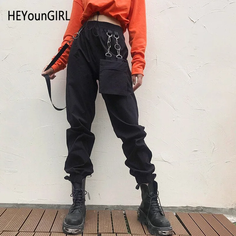 HEYounGIRL Pockets Hip Hop Harajuku Pants Capris Red Black Casual High Waist Trousers Women Streetwear Joggers Ladies with strip