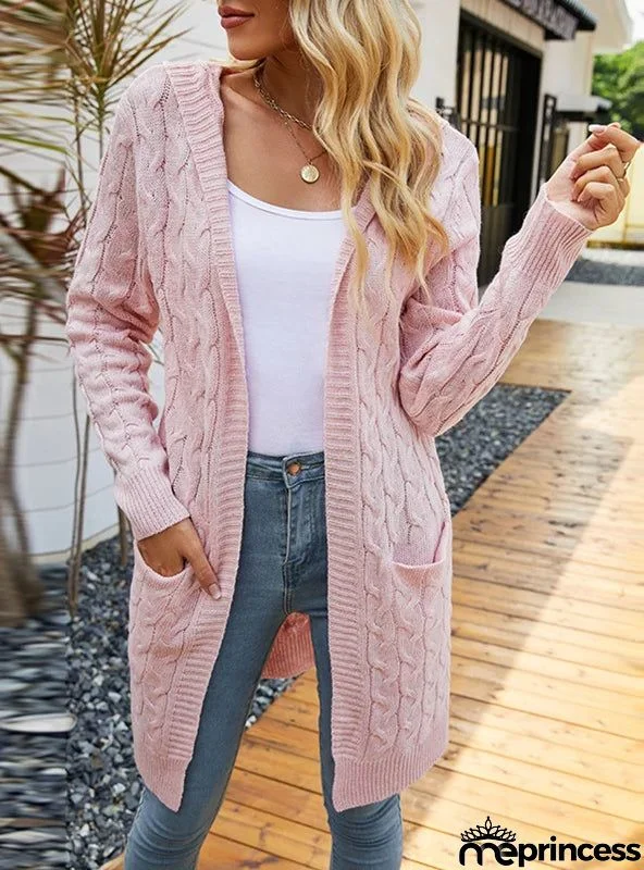 2022 LONG SOLID COLOR POCKET HOODED TWIST CARDIGAN COAT