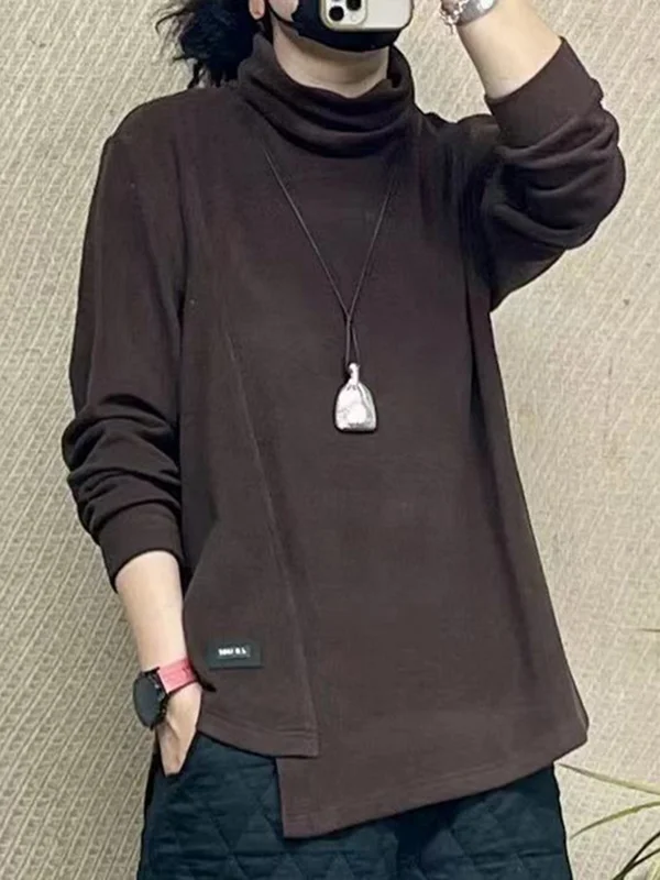 Solid Color Asymmetric Loose Long Sleeves High Neck T-Shirts Tops