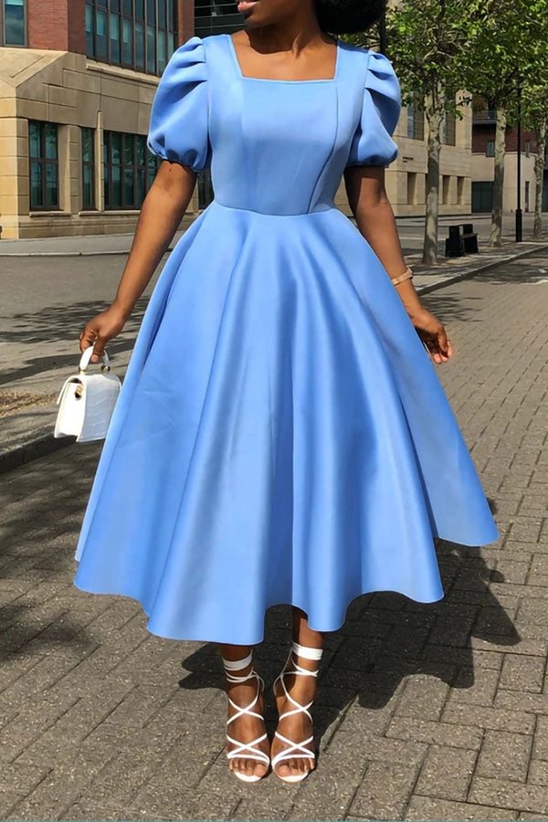 Solid Color Square Collar Sweet Pleated Swing Midi Dress