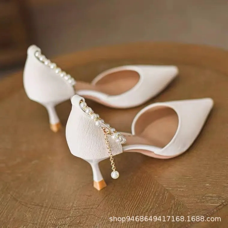 Breakj Breakj Wind High Heels Women's Fine Heel 2023 Autumn New Hollow Single Shoes Small Fresh Pearl Fairy Wind Bag Head Sandals