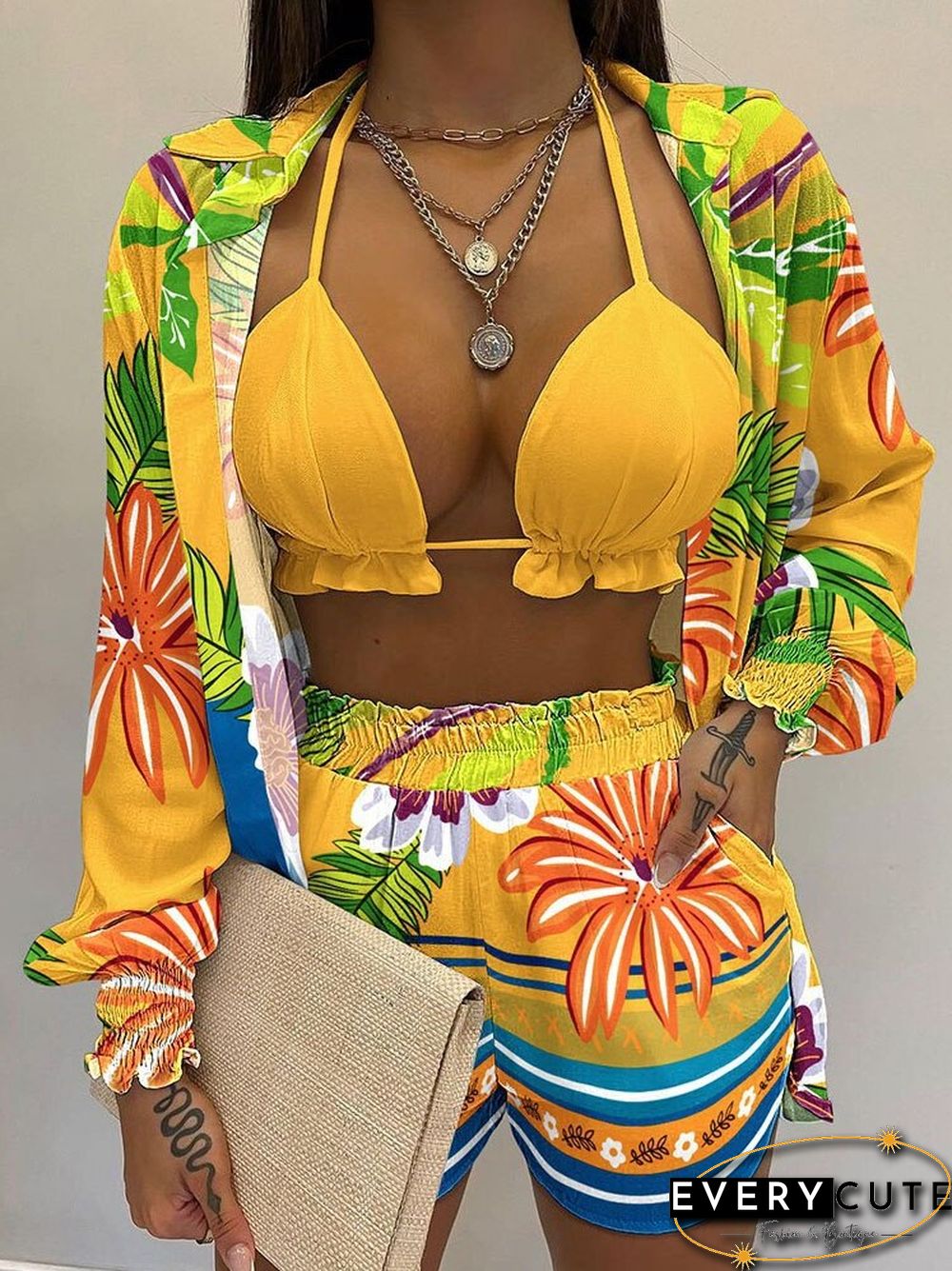 Retro Elegant Print V-Neck Bra Long Sleeve Shirts tops shorts suits beach women casual